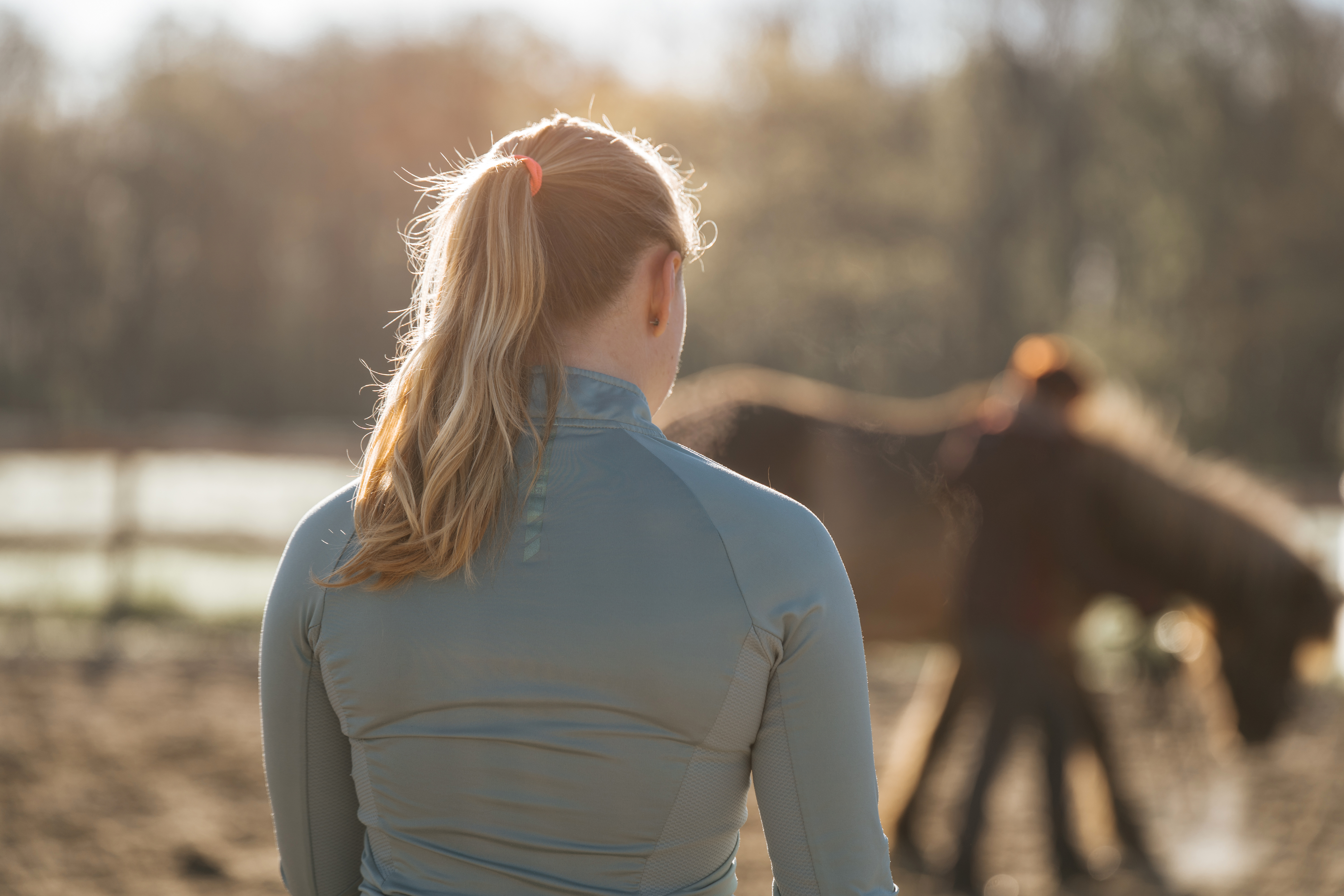 Johanna Niebuhr von hinten; im unscharfen Hintergrund ein Pferd im warmen Sonnenlicht.